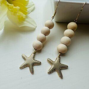 handmade dangle earrings with starfish charm wood beads gold plated